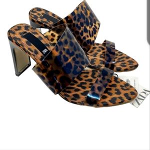 Zara Animal Print Vinyl High HeelMules Leopard Print Sandals Size 7